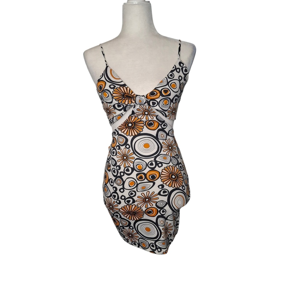 Bailey Rose Retro 70s Mod Print Cutout Mini Dress Orange Black White Small